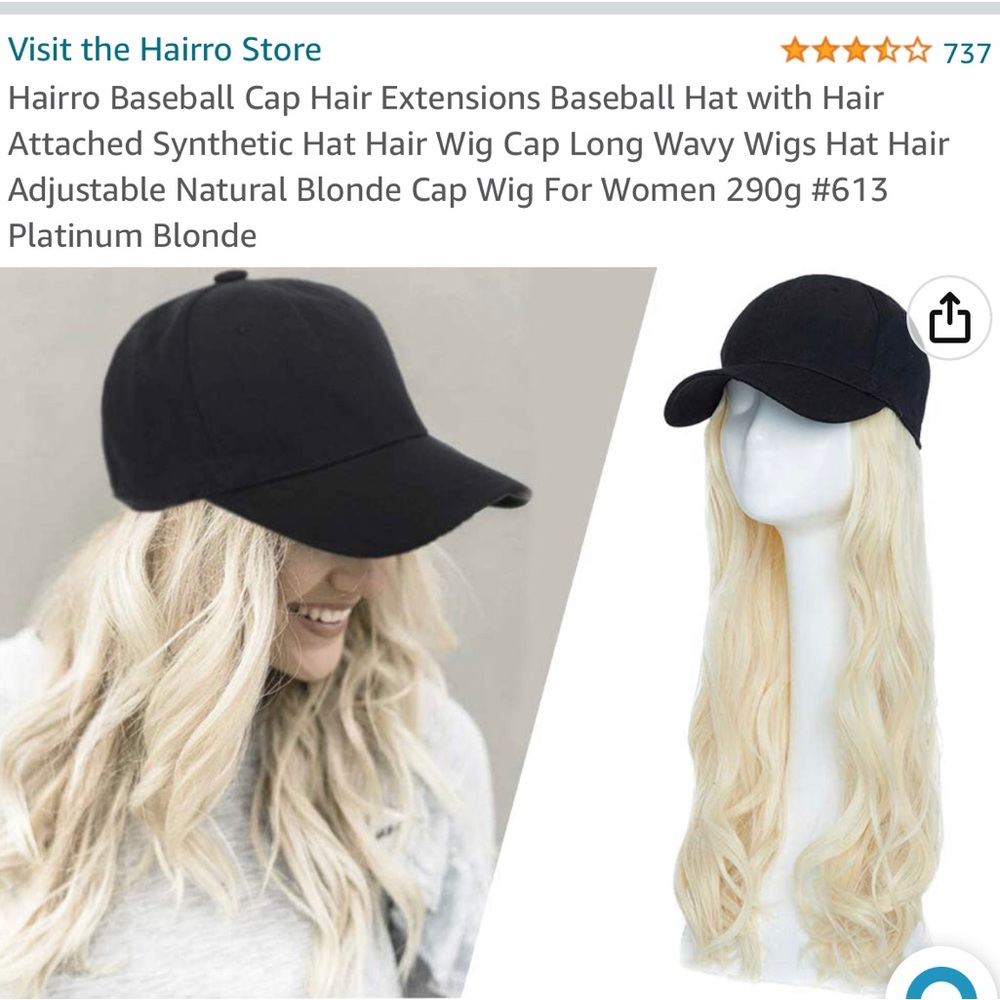 Long blonde wig attached to black baseball cap